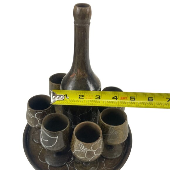 Handcrafted Wooden MCM Hand Turned Decanter Set With 6 Floral Etched Goblets & R - Picture 10 of 12